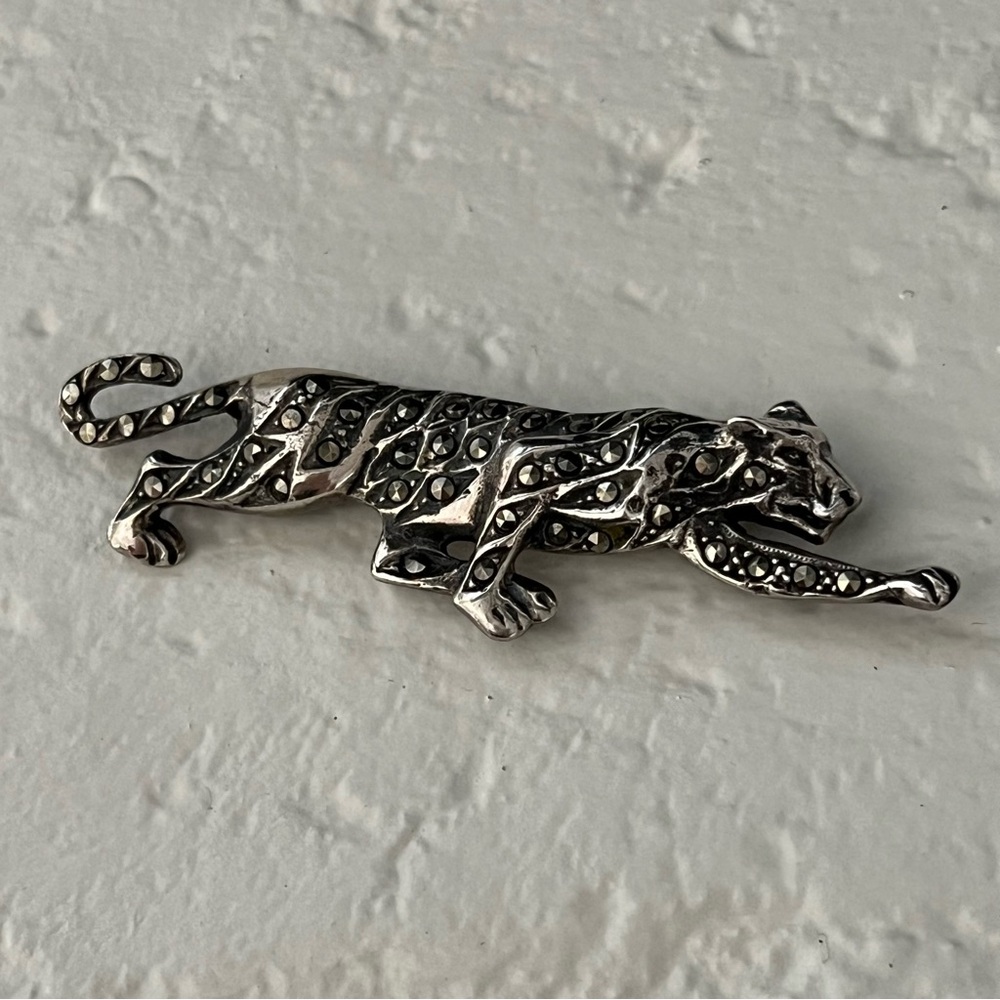 925 PANTHER LEOPARD EXQUISITE Marcasite Sterling Silver Signed Brooch Pin Gift